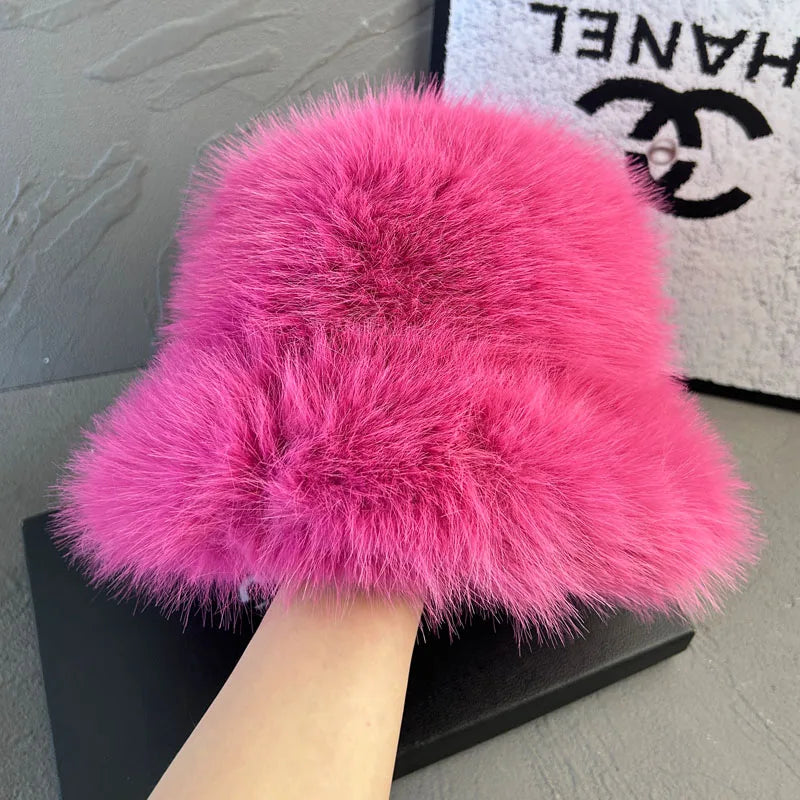 Fluffy Faux Fox Fur Winter Bucket Hat
