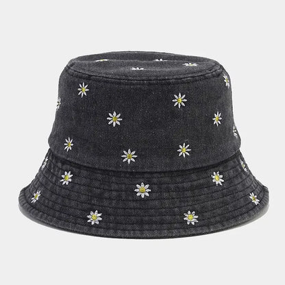 Denim Flower Embroidered Bucket Hat
