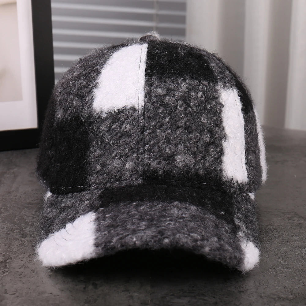 Plaid Adjustable Casual Baseball Cap Versatile Windproof Black White