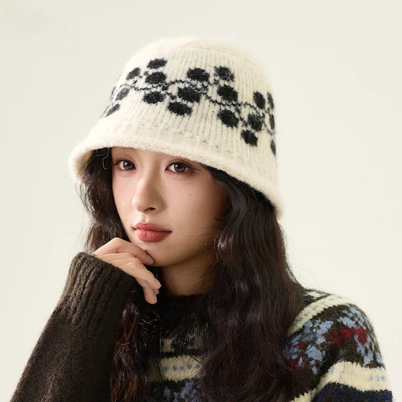 Jacquard Knit Winter Face Cover Bucket Hat