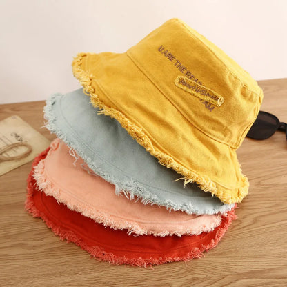 Solid Color Letter Embroidery Wide Brim Bucket Hat