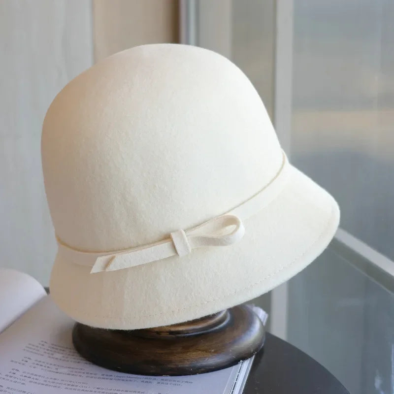 Vintage Bowknot Felt Dome Bucket Hat