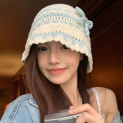 Korean Sweet Bow Hand-woven Knitted Bucket Hat