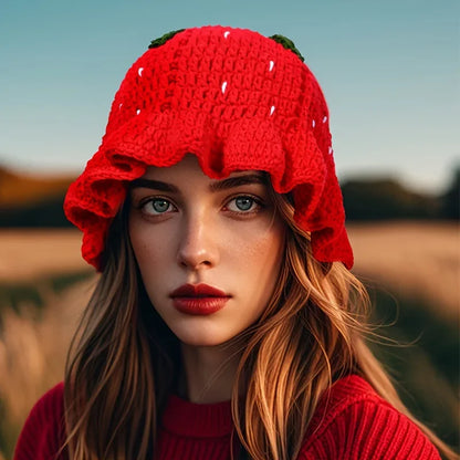 Cartoon Strawberry Crochet Ruffled Bucket Hat