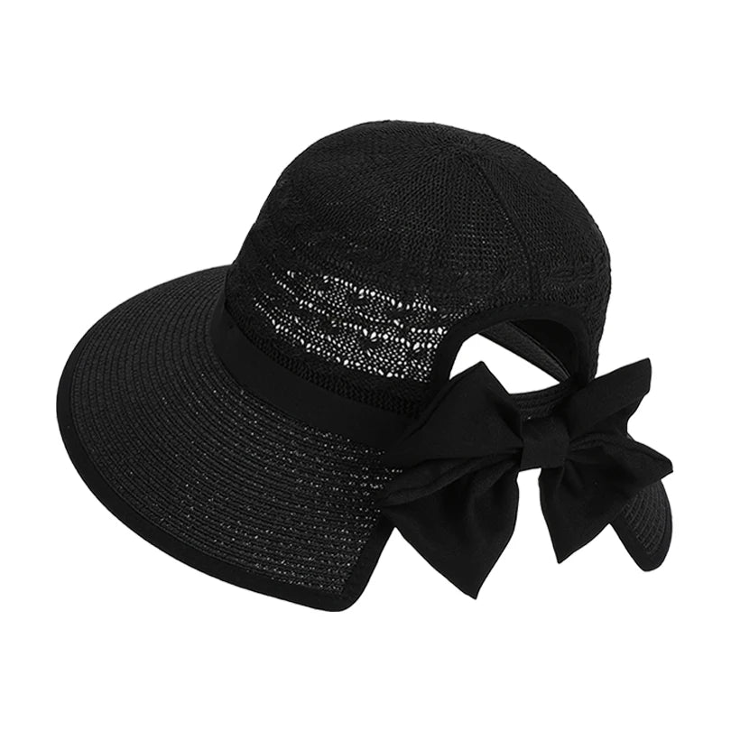 Bow-Tied Ponytail Straw Hat