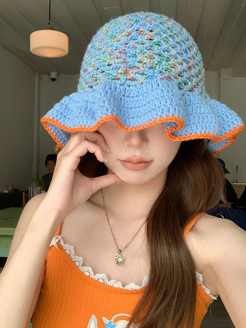 Graceful Lace Colorful Hook Flower Plush Bucket Hat