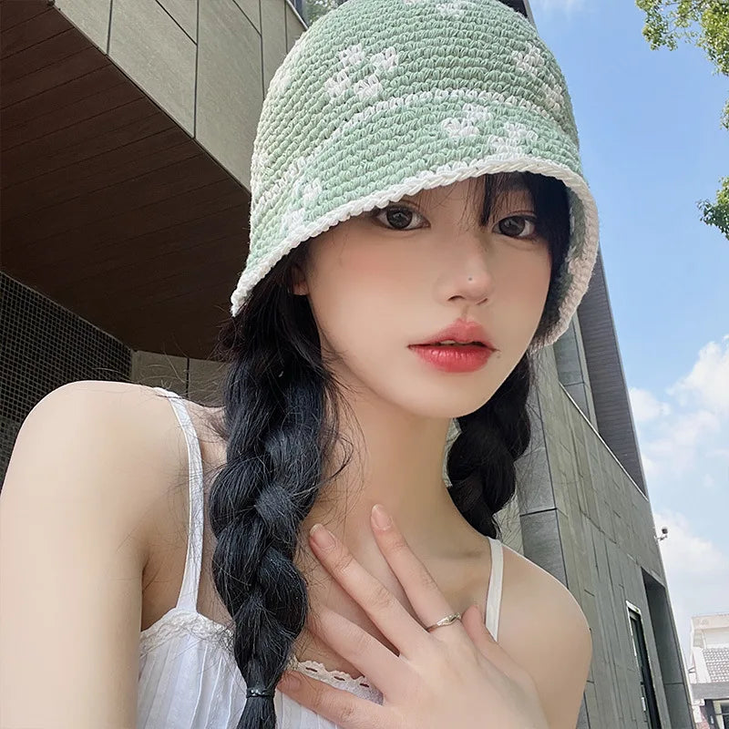 Korean Flower Crochet Handmade Panama Bucket Hat