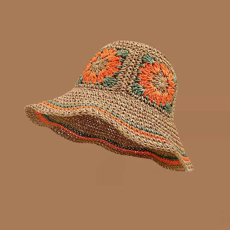 Spring Summer Hollow Crochet Straw Visor Bucket Hat