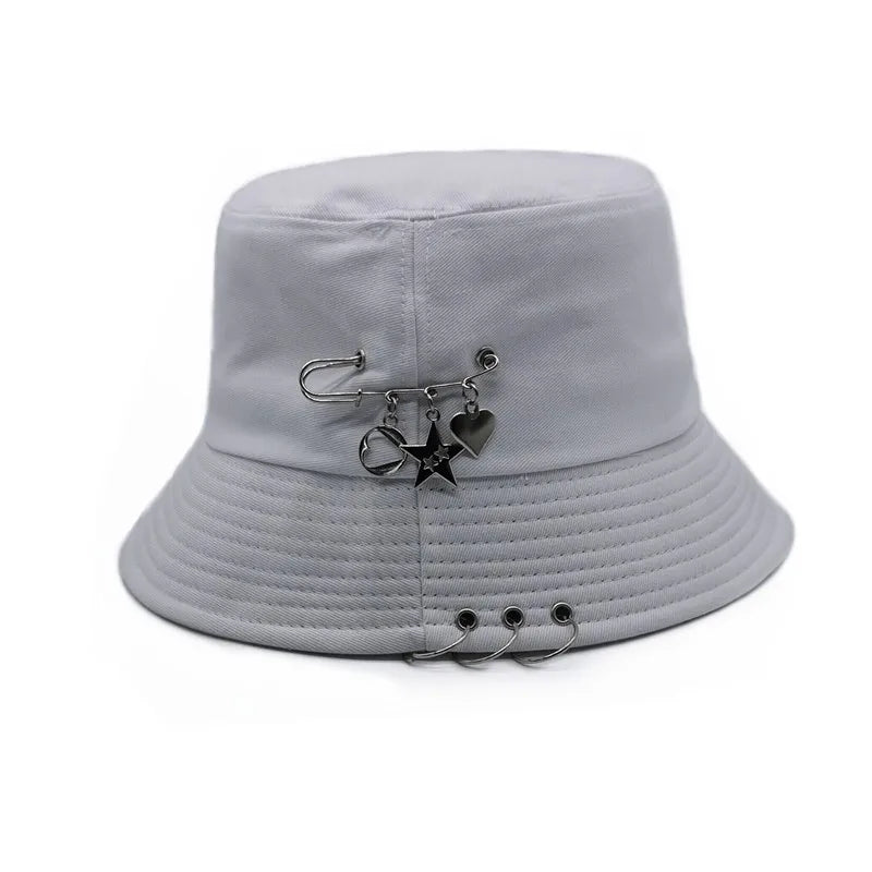Black Metal Ring Foldable Bucket Hat Unisex