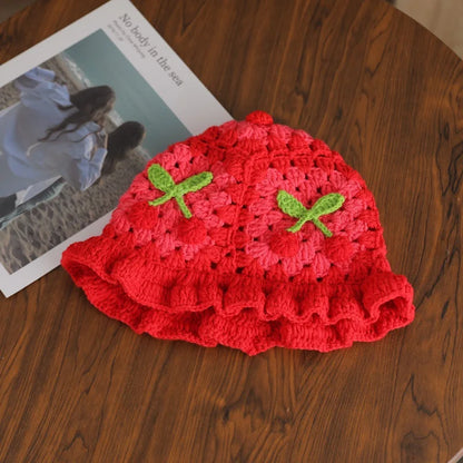 3D Cherry Crochet Ruffle Bucket Hat