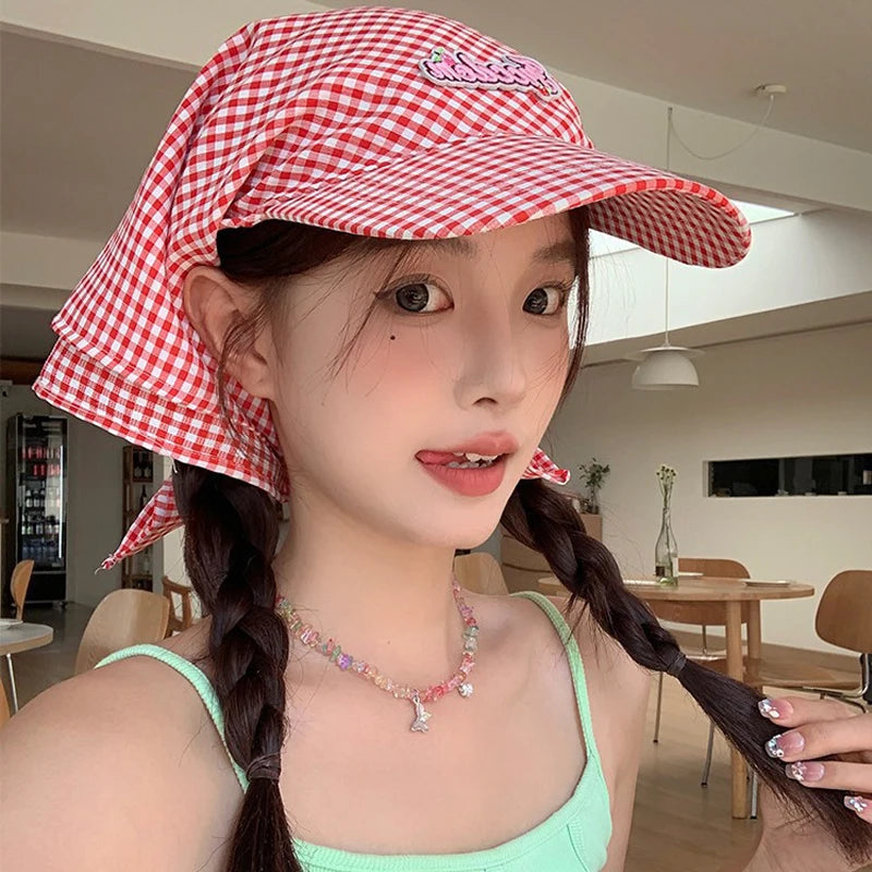 Womens Plaid Korean Style Sunshade Bucket Hat