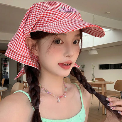 Womens Plaid Korean Style Sunshade Bucket Hat