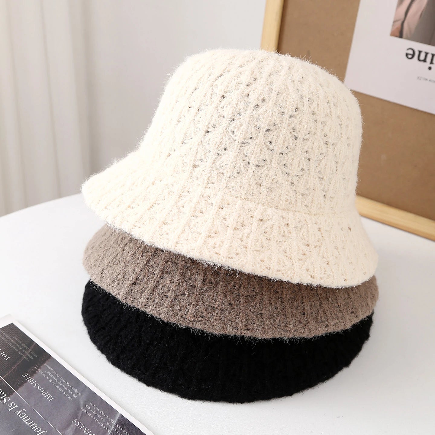 Vintage French Knit Round Top Bucket Hat
