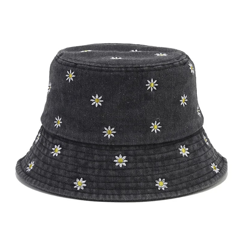 Denim Flower Embroidered Bucket Hat