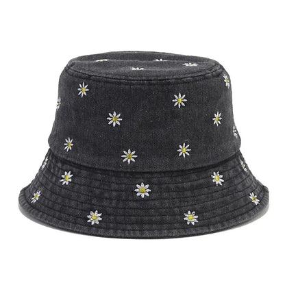 Denim Flower Embroidered Bucket Hat