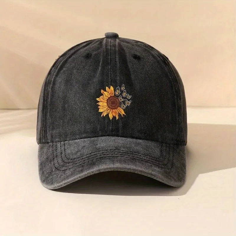 Sunflower Print Retro Washed Baseball Cap