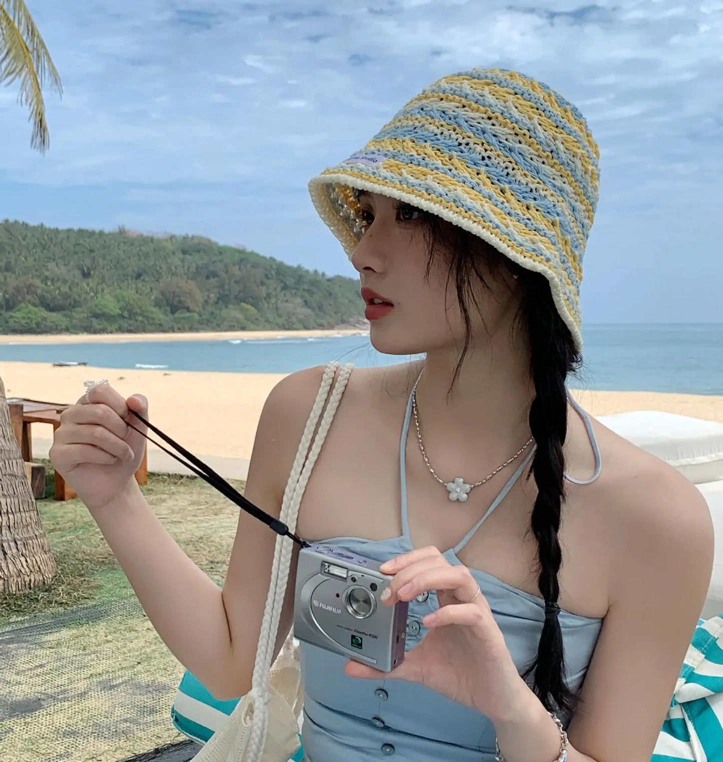 Womens Korean Knitted Stripe Hollow Bucket Hat