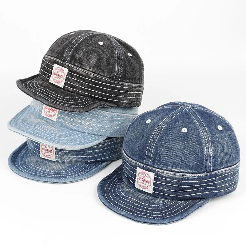 Korean Japanese Vintage Denim Short Brim Snapback Cap