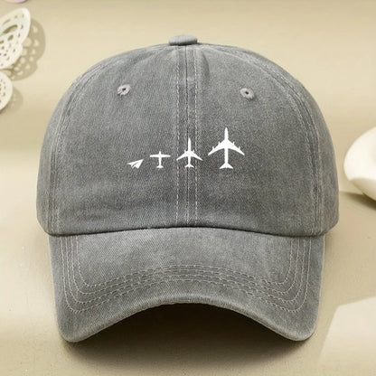 Retro Airplane Print Washed Baseball Cap