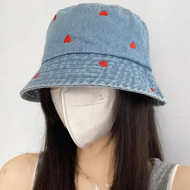 Korean Embroidered Heart Washed Denim Bucket Hat