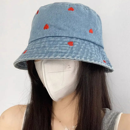 Korean Embroidered Heart Washed Denim Bucket Hat