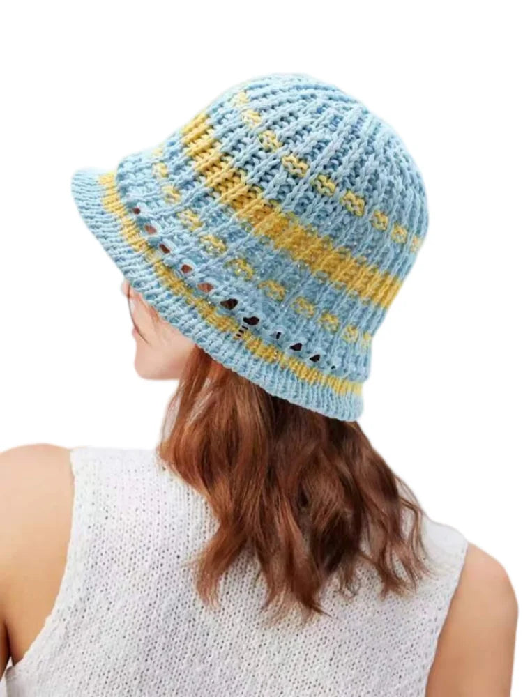 Two Tone Knitted Straw Summer Bucket Hat