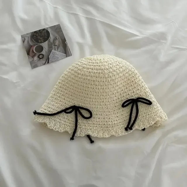 Korean Ins Bow Sweet Straw Summer Bucket Hat
