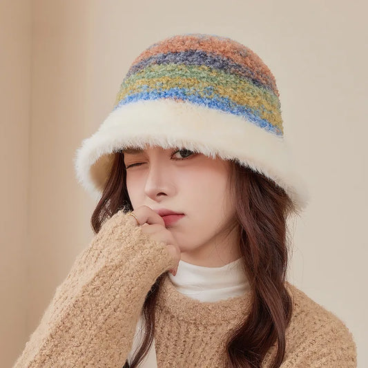 Colorful Plush Knit Winter Bucket Hat