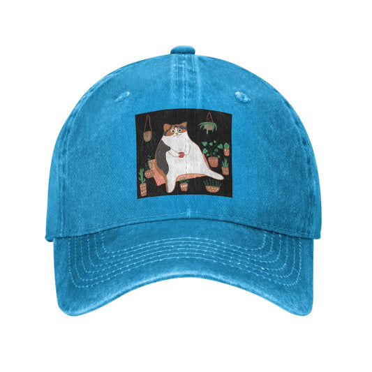Calico Cat With Pot Plants Denim Adjustable Baseball Cap