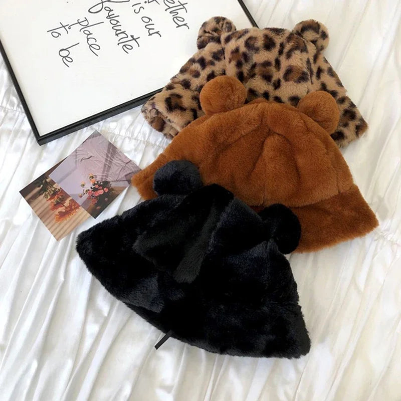 Women's Fluffy Bear Ear Bucket Hat