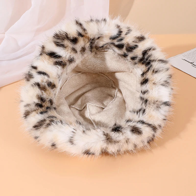 Korean Leopard Fox Fur Bucket Hat Women Autumn Winter