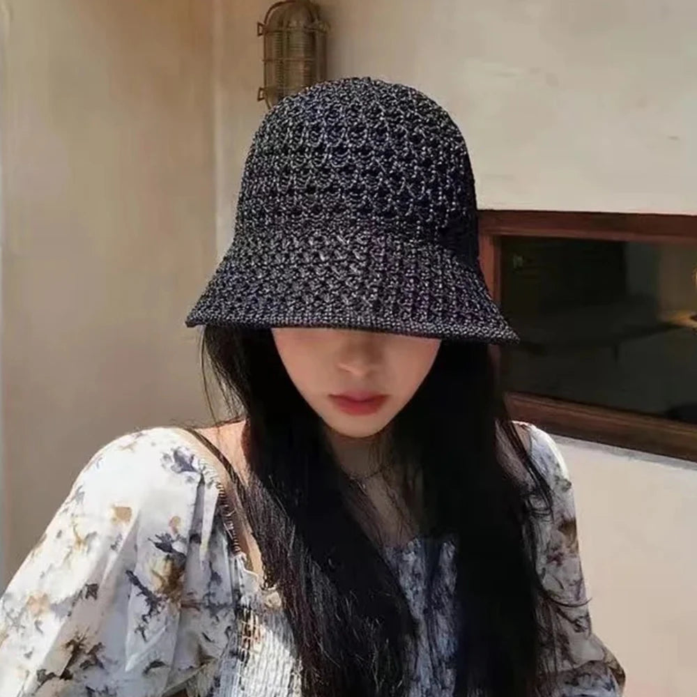 Spring Summer Hollow Knitted Beach Bucket Hat