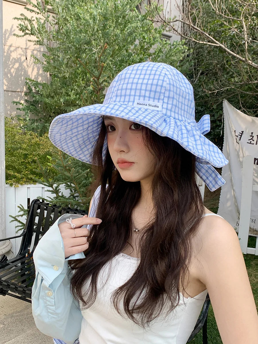 Japanese Plaid Knot Wide Brim Summer Bucket Hat