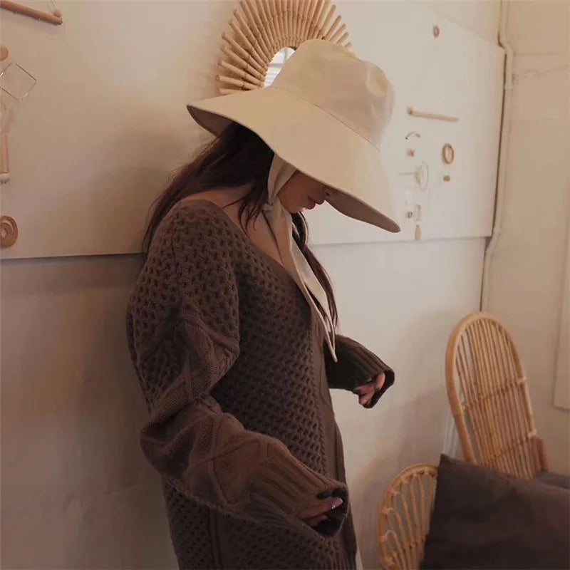 Japanese Cotton Linen Wide Brim Bucket Hat