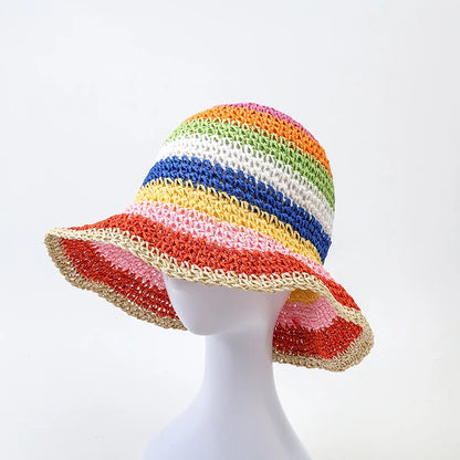 Summer Rainbow Striped Crochet Foldable Bucket Hat