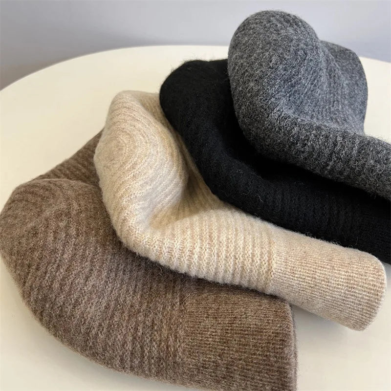 Korean Retro Solid Knitted Winter Bucket Hat