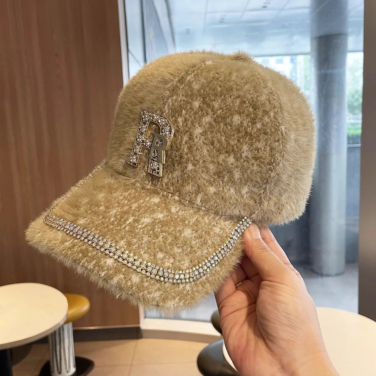 Rhinestone Alphabet Mink Fur Kids Baseball Cap