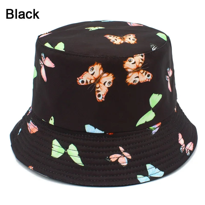 Wide Brim Butterfly Print Outdoor Panama Bucket Hat