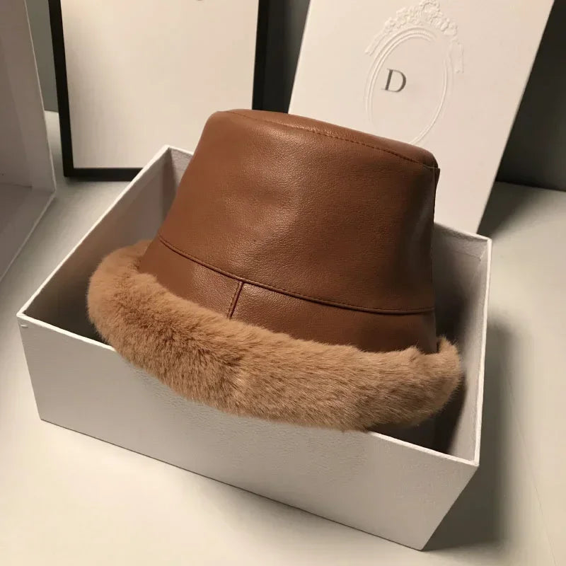 MAXSITI Faux Leather Fur Bucket Hat