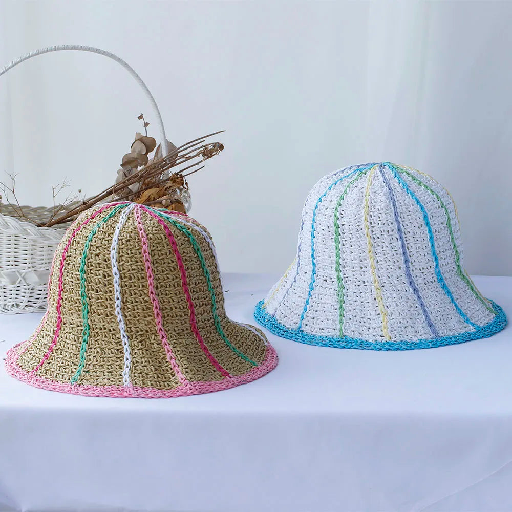 Rainbow Crochet Straw UV Visor Bucket Hat
