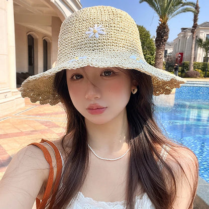 Summer Crochet Straw Flower Embroidered Bucket Hat