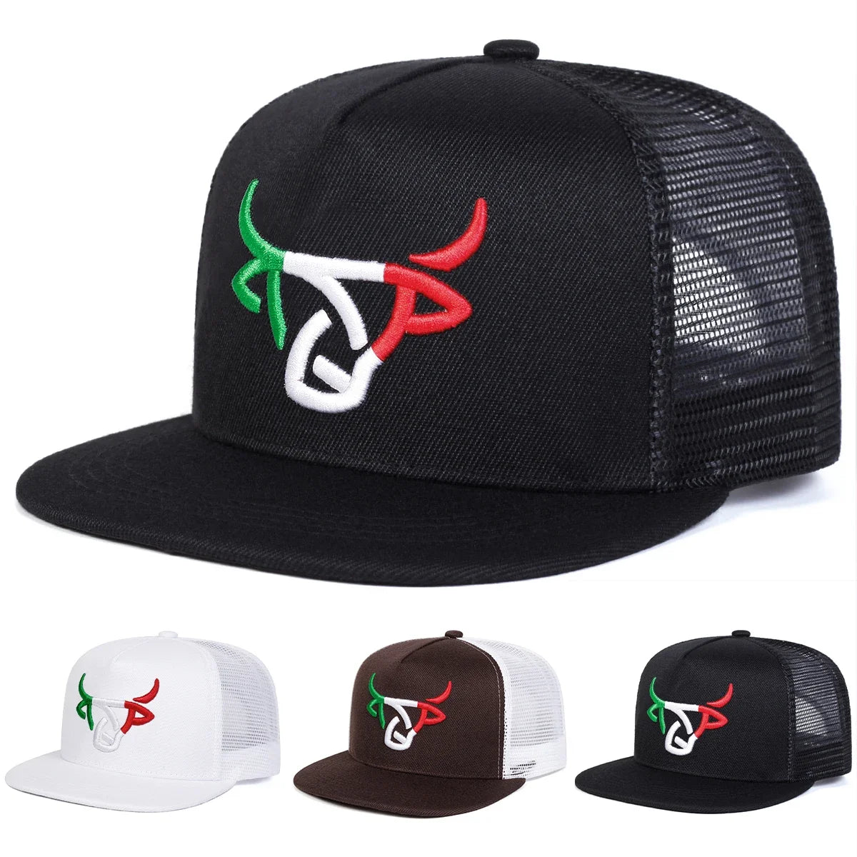 Unisex Ox Head Embroidered Mesh Hip Hop Snapback Cap