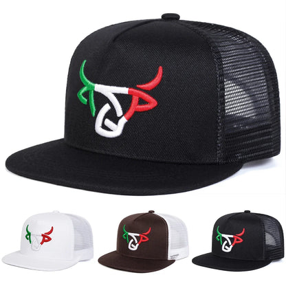 Unisex Ox Head Embroidered Mesh Hip Hop Snapback Cap