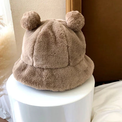 Women's Fluffy Bear Ear Bucket Hat