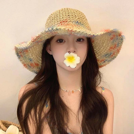 Colorful Woven Straw Wide Brim Bucket Hat
