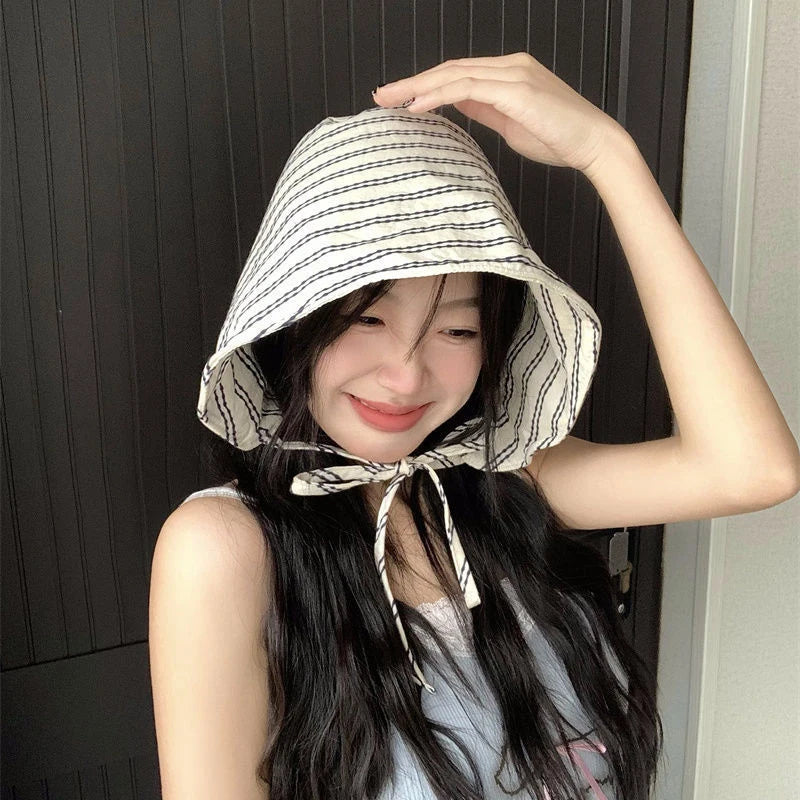 Large Brim Foldable Korean Striped Bucket Hat