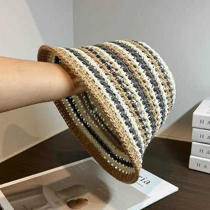 Handmade Stripe Foldable Fashion Straw Bucket Hat