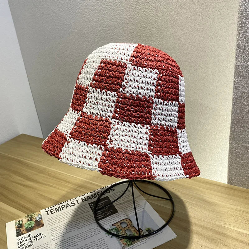 Korean Checkerboard Woven Straw Bucket Hat