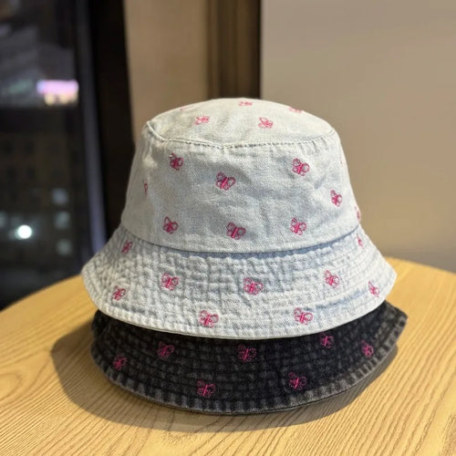 Butterfly Embroidery Denim Summer Fisherman Bucket Hat