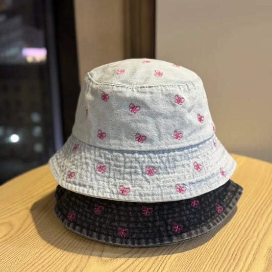 Butterfly Embroidery Denim Summer Fisherman Bucket Hat